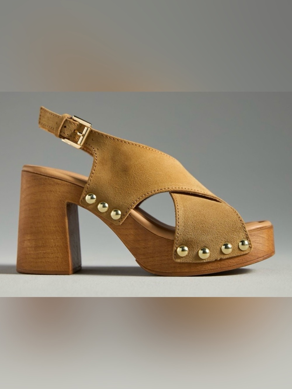 Anthropologie Studded Wood Platform Sandals
Size 39 (fits approx. US 8–8.5)